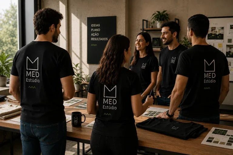 Equipe vestindo camisetas personalizadas da empresa