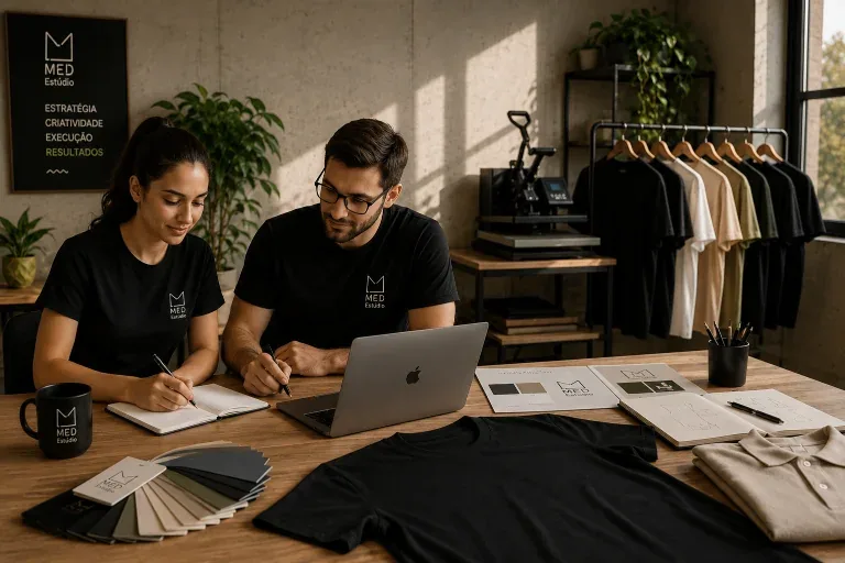 Equipe da Med Estúdio trabalhando sobre a mesa com peças e amostras