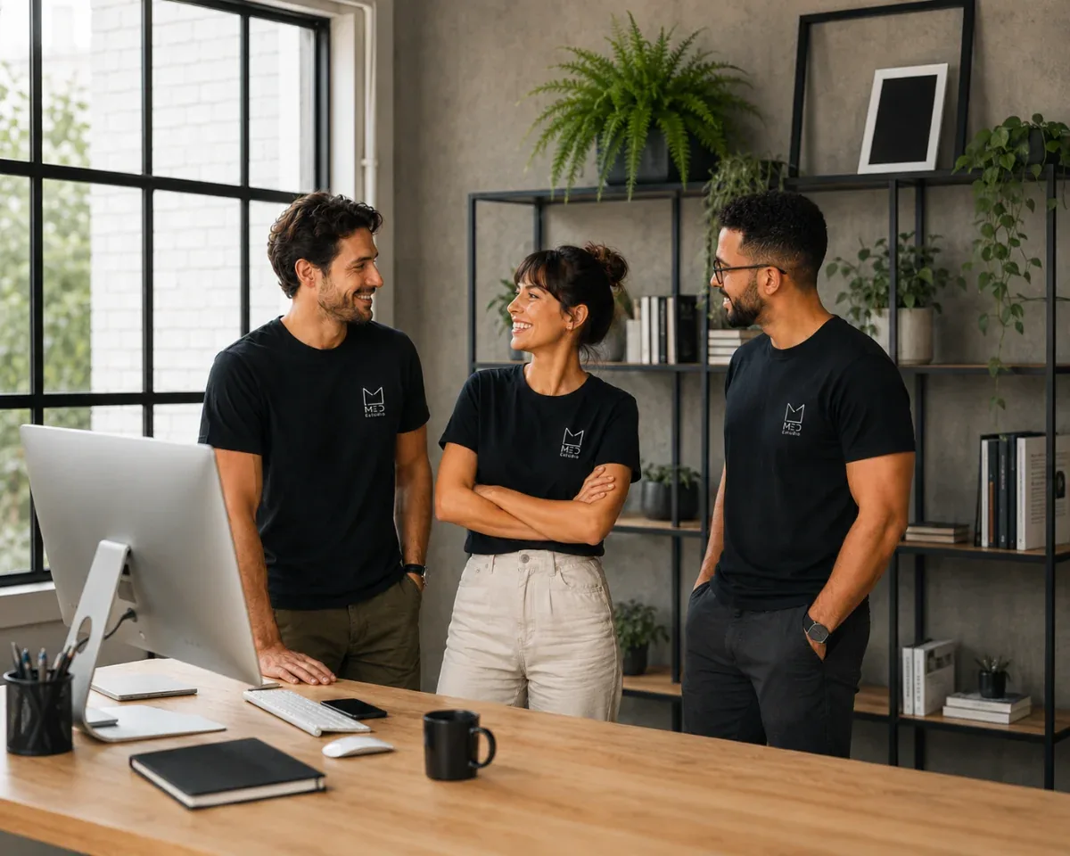 Equipe em ambiente de trabalho vestindo a marca