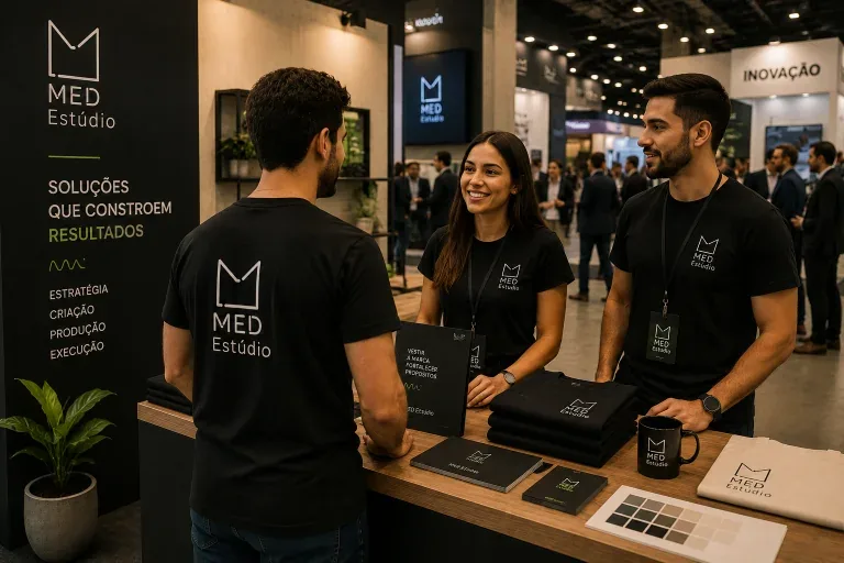 Estande de evento com equipe e material de comunicação