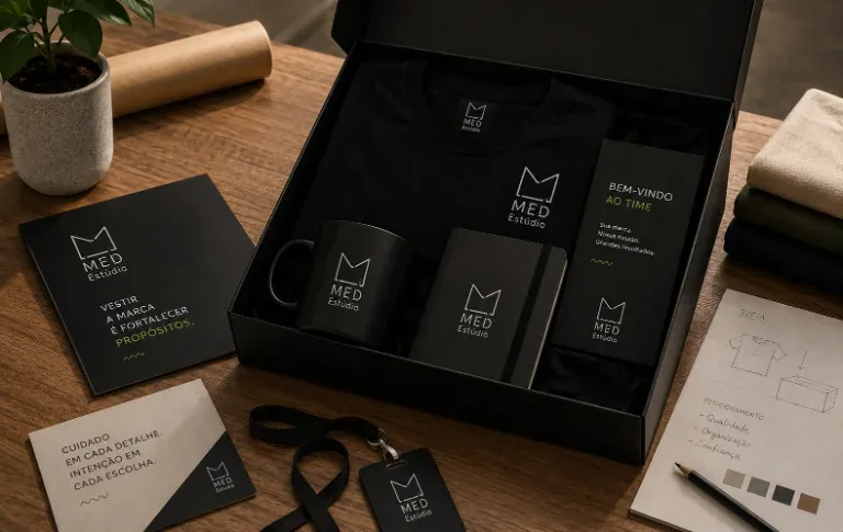 Kit corporativo montado com caneca, caderno e embalagem