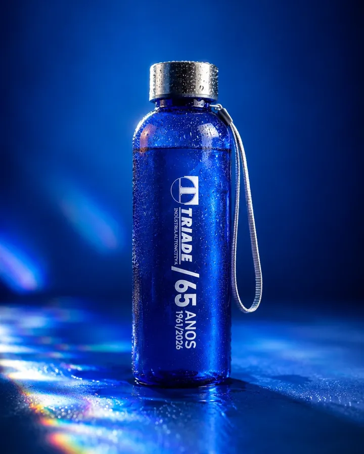Botella azul personalizada Triade 65 años