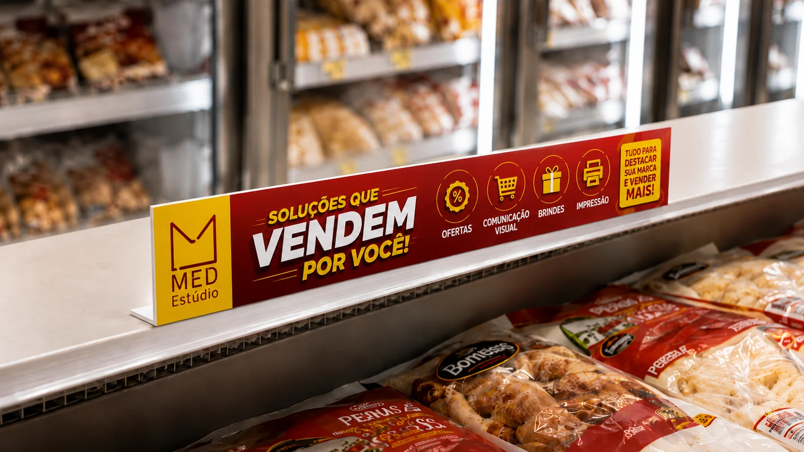 Régua de gôndola Med Estúdio aplicada em freezer de supermercado