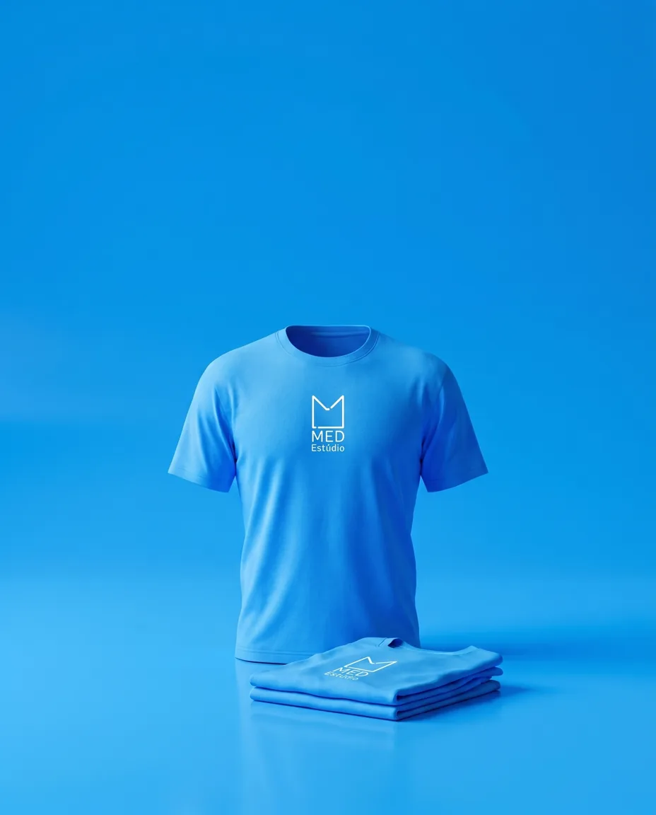 Camiseta azul con el logo de Med Estúdio sobre fondo azul de estudio