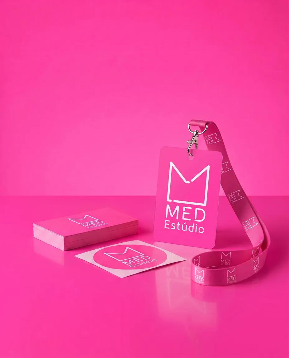Tarjetas, sticker y credencial con cordón rosa, con el logo de Med Estúdio